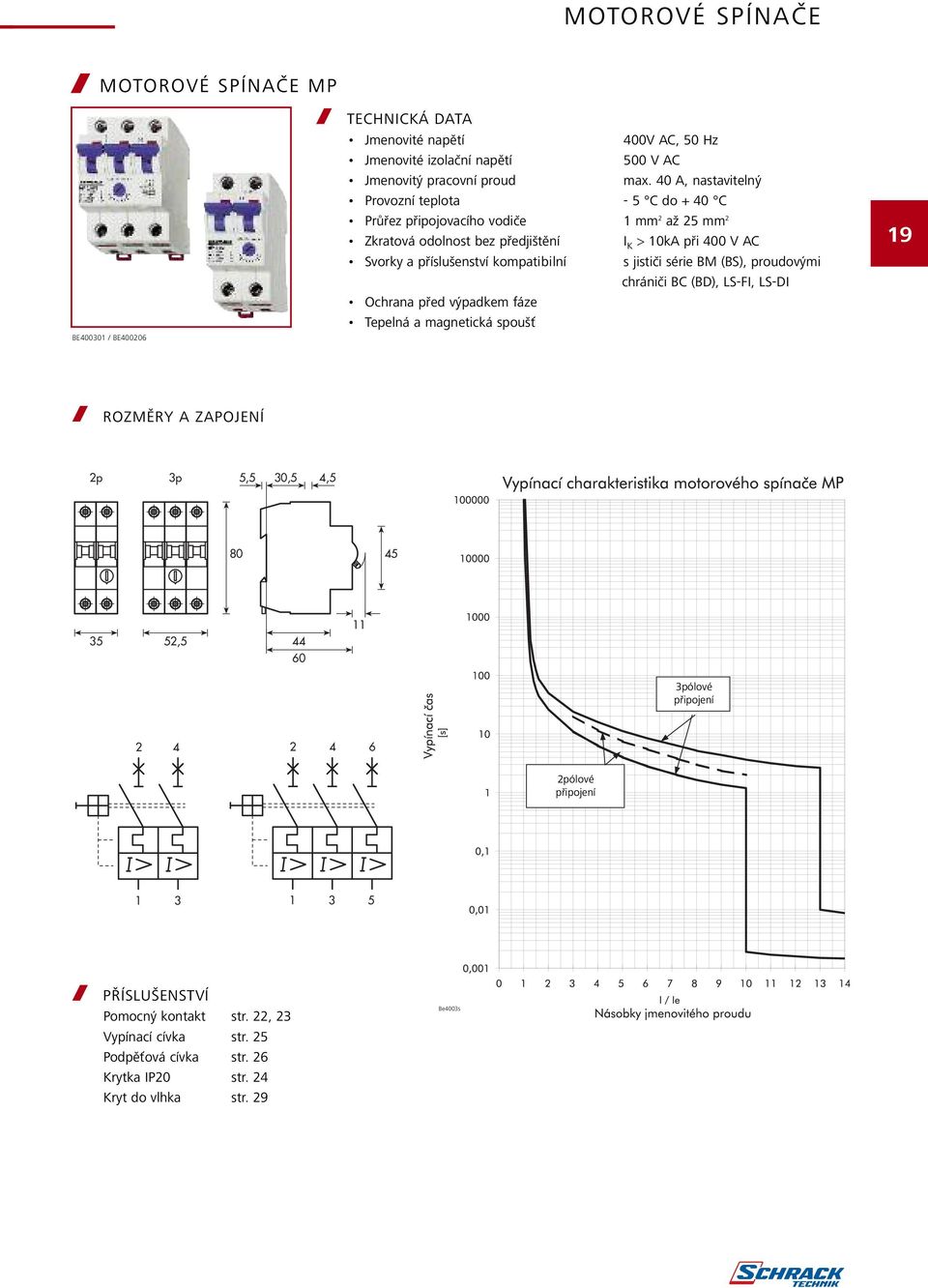 kompatibilní s jističi série BM (BS), proudovými chrániči BC (BD), LS-FI, LS-DI Ochrana před výpadkem fáze Tepelná a magnetická spoušt 19 / ROZMĚRY A ZAPOJENÍ 2p 3p 5,5 30,5 4,5 80