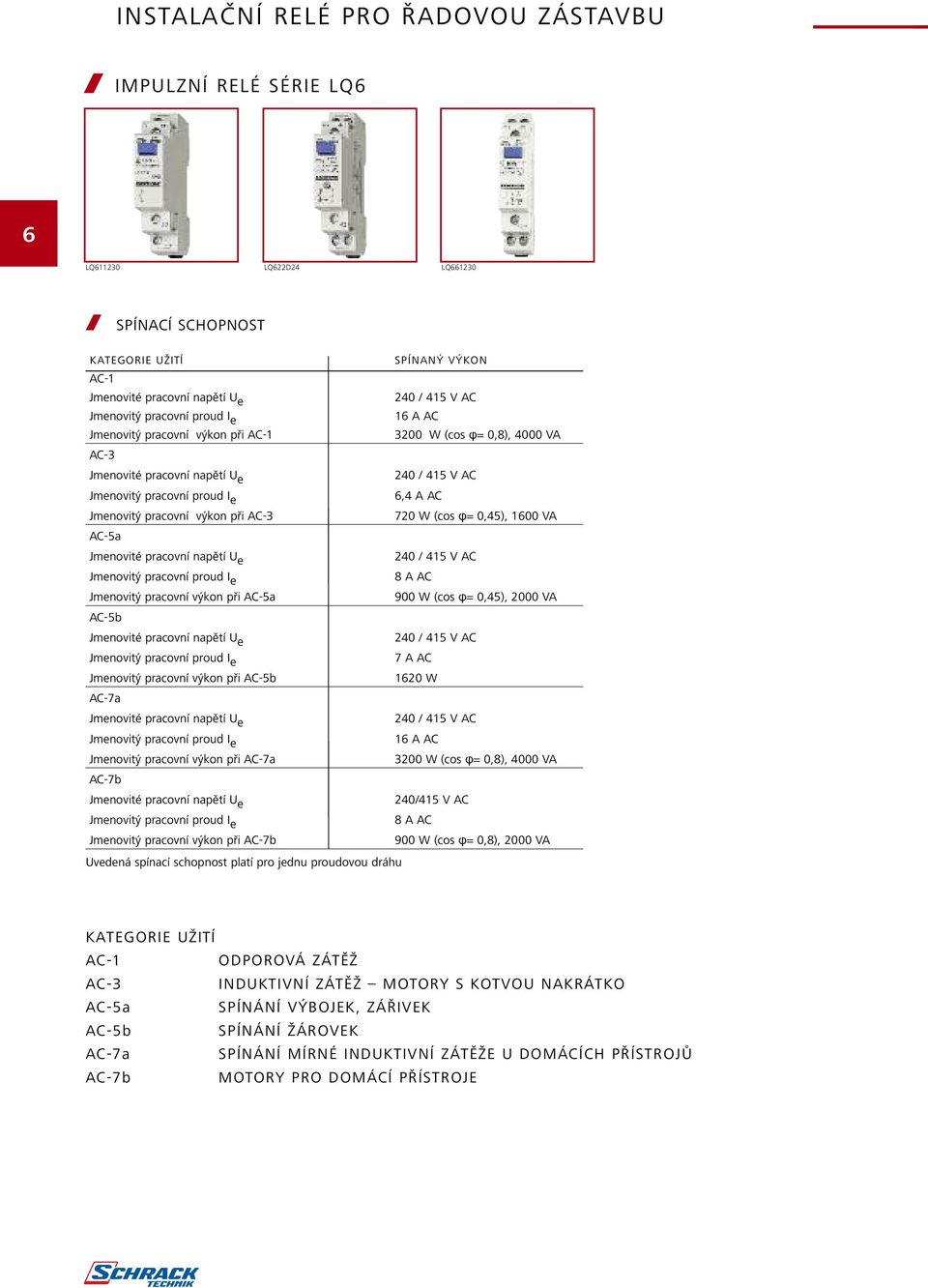 pracovní výkon při AC-3 720 W (cos n= 0,), 1600 VA AC-5a Jmenovité pracovní napětí U e 240 / 415 V AC Jmenovitý pracovní proud I e 8 A AC Jmenovitý pracovní výkon při AC-5a 900 W (cos n= 0,), 2000 VA