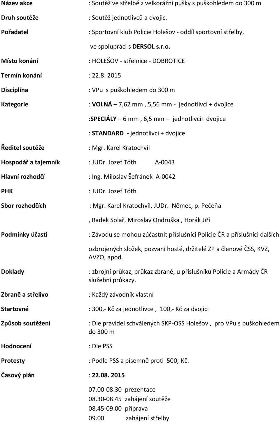 2015 Disciplína Kategorie : VPu s puškohledem do 300 m : VOLNÁ 7,62 mm, 5,56 mm - jednotlivci + dvojice :SPECIÁLY 6 mm, 6,5 mm jednotlivci+ dvojice : STANDARD - jednotlivci + dvojice Ředitel soutěže