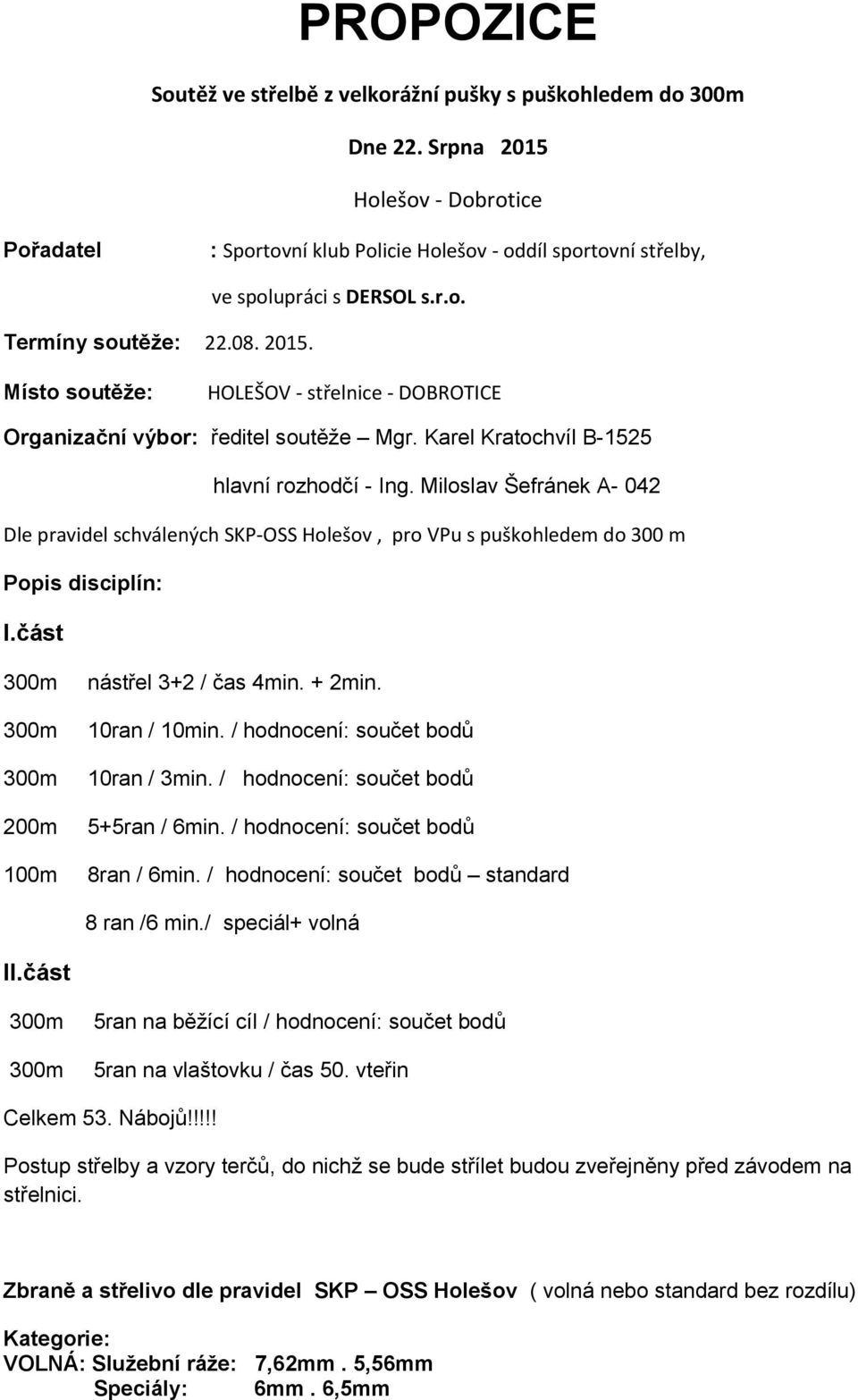 Miloslav Šefránek A- 042 Dle pravidel schválených SKP-OSS Holešov, pro VPu s puškohledem do 300 m Popis disciplín: I.část 200m 100m nástřel 3+2 / čas 4min. + 2min. 10ran / 10min.