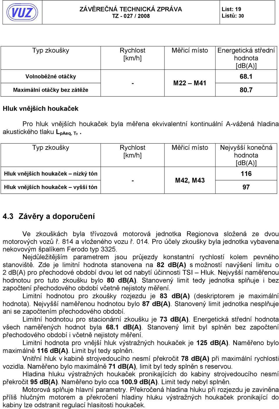 Měřicí místo Nejvyšší konečná hodnota Hluk vnějších houkaček nízký tón - M42, M43 116 Hluk vnějších houkaček vyšší tón 97 4.