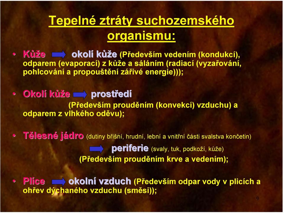 z vlhkého oděvu); Tělesné jádro dro (dutiny břišní, hrudní, lební a vnitřní části svalstva končetin) periferie (svaly, tuk, podkoží,