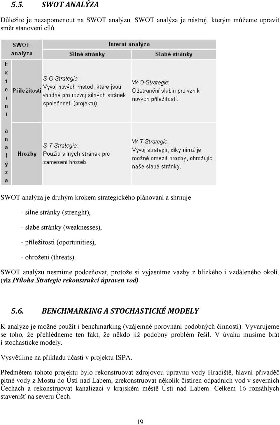 SWOT analýzu nesmíme podceňovat, protože si vyjasníme vazby z blízkého i vzdáleného okolí. (viz Příloha Strategie rekonstrukcí úpraven vod) 5.6.