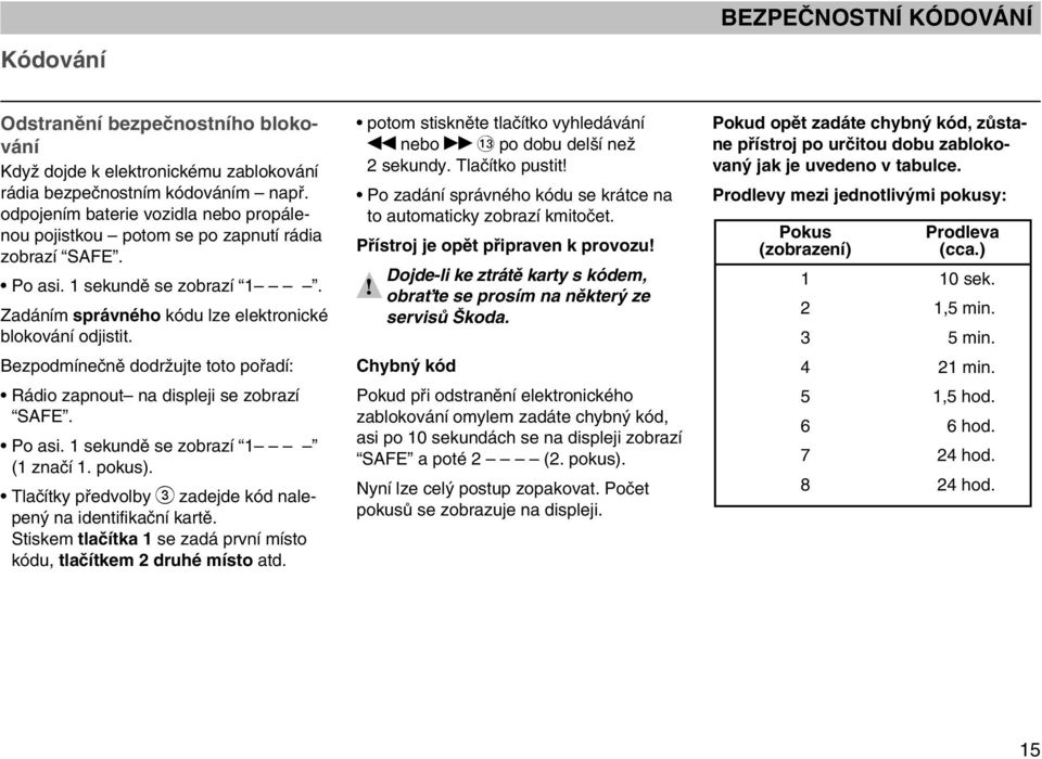 Bezpodmíneãnû dodrïujte toto pofiadí: Rádio zapnout na displeji se zobrazí SAFE. Po asi. 1 sekundû se zobrazí 1 (1 znaãí 1. pokus). Tlaãítky pfiedvolby 3 zadejde kód nalepen na identifikaãní kartû.