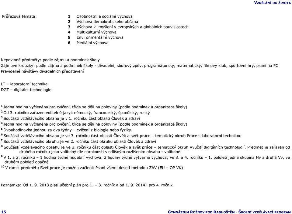 psaní na PC Pravidelné návštěvy divadelních představení LT laboratorní technika DGT digitální technologie 1 Jedna hodina vyčleněna pro cvičení, třída se dělí na poloviny (podle podmínek a organizace