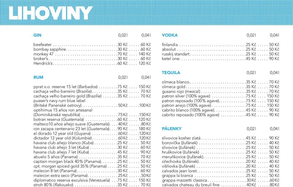 ..100 Kč optihimus 15 años ron artesanal (Dominikánská republika)... 75 Kč...150 Kč botran reserva (Guatemala)...60 Kč... 120 Kč malteco10 aňos añejo suave (Guatemala)...40 Kč.