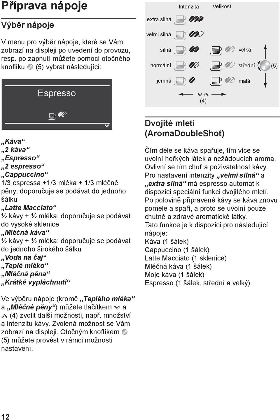 šálku Latte Macciato ½ kávy + ½ mléka; doporučuje se podávat do vysoké sklenice Mléčná káva ½ kávy + ½ mléka; doporučuje se podávat do jednoho širokého šálku Voda na čaj Teplé mléko Mléčná pěna