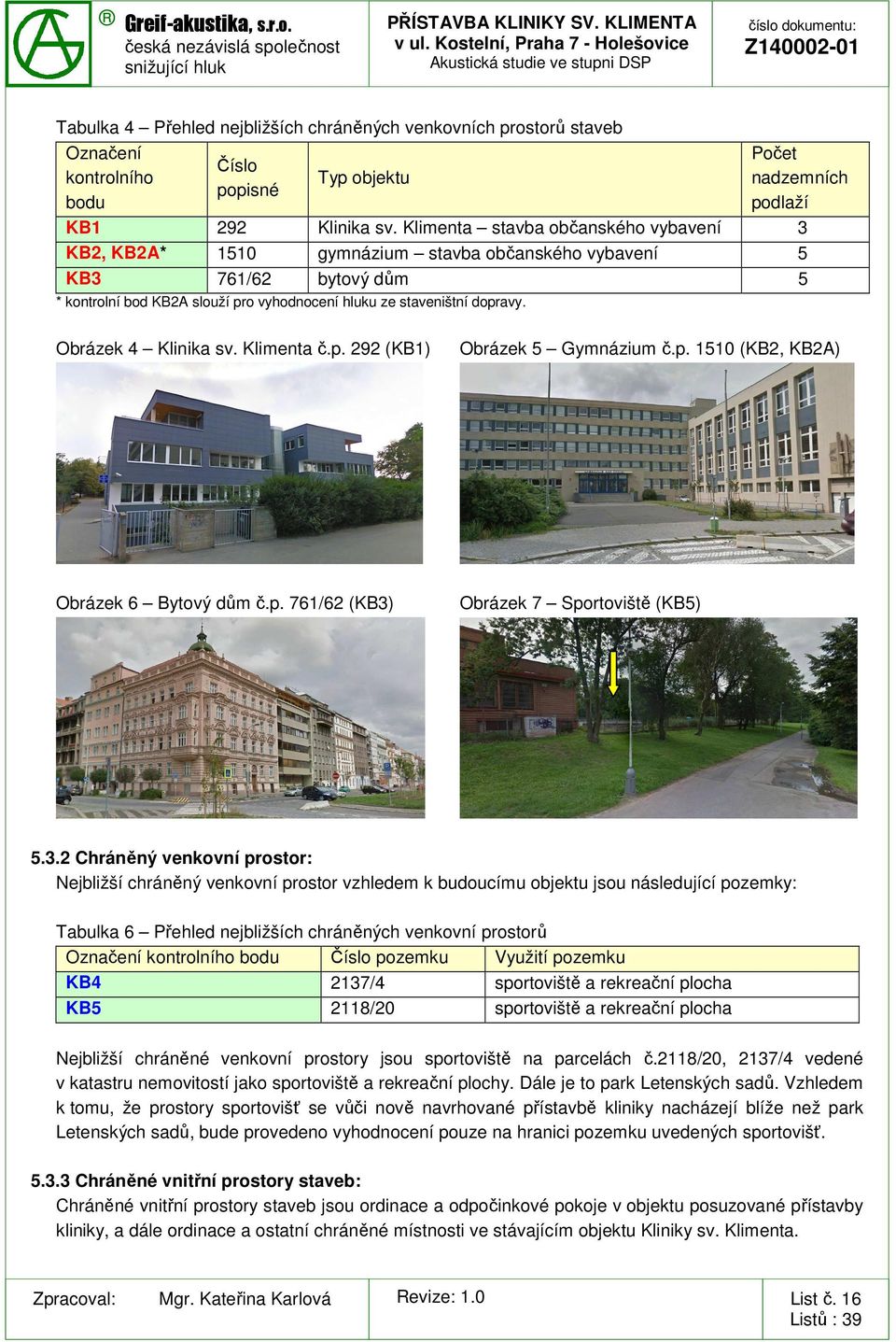 Obrázek 4 Klinika sv. Klimenta č.p. 292 (KB1) Obrázek 5 Gymnázium č.p. 1510 (KB2, KB2A) Obrázek 6 Bytový dům č.p. 761/62 (KB3)