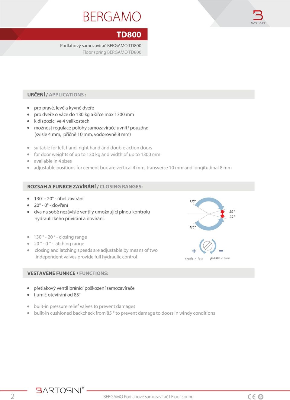 kg and width of up to 1300 mm available in 4 sizes adjustable positions for cement box are vertical 4 mm, transverse 10 mm and longitudinal 8 mm ROZSAH A FUNKCE ZAVÍRÁNÍ / CLOSING RANGES: 130-20 -