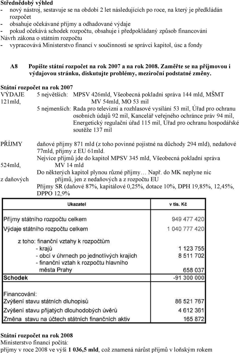 rok 2007 a na rok 2008. Zaměřte se na příjmovou i výdajovou stránku, diskutujte problémy, meziroční podstatné změny.