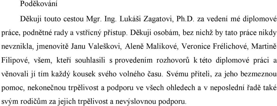 všem, kteří souhlasili s provedením rozhovorů k této diplomové práci a věnovali jí tím každý kousek svého volného času.