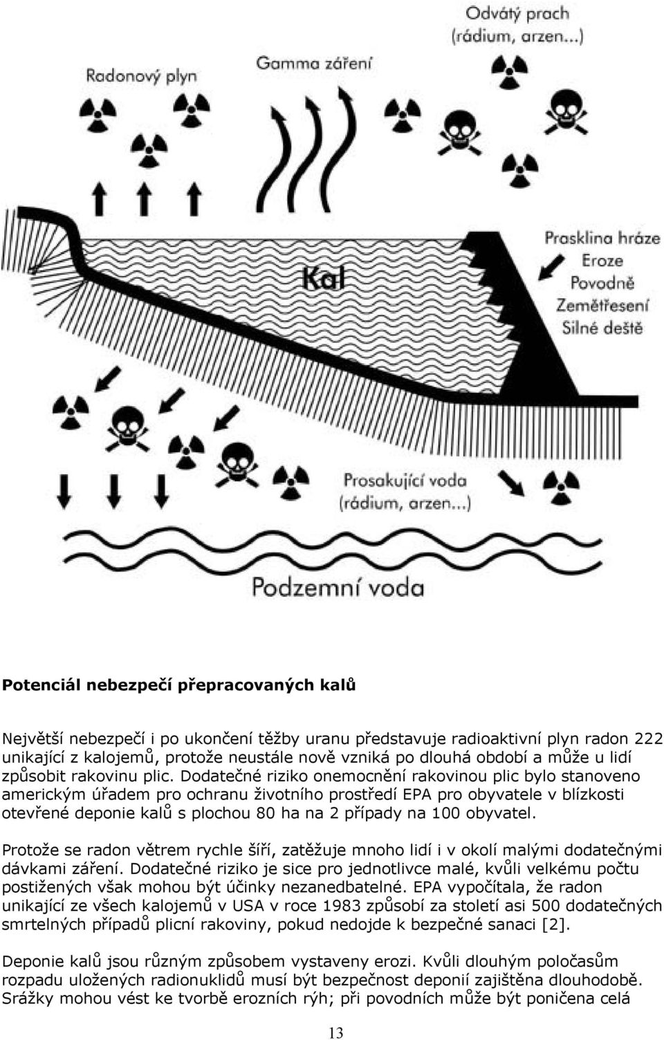 Dodatečné riziko onemocnění rakovinou plic bylo stanoveno americkým úřadem pro ochranu životního prostředí EPA pro obyvatele v blízkosti otevřené deponie kalů s plochou 80 ha na 2 případy na 100