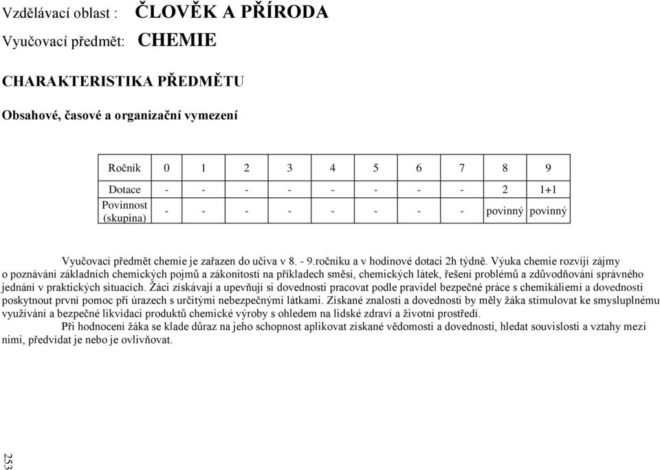 Výuka chemie rozvíjí zájmy o poznávání základních chemických pojmů a zákonitostí na příkladech směsí, chemických látek, řešení problémů a zdůvodňování správného jednání v praktických situacích.