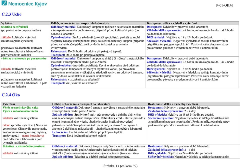 vyšetření) požadavek na anaerobní kultivaci nutno konzultovat s laboratoří a poté vyznačit na žádanku C.2.