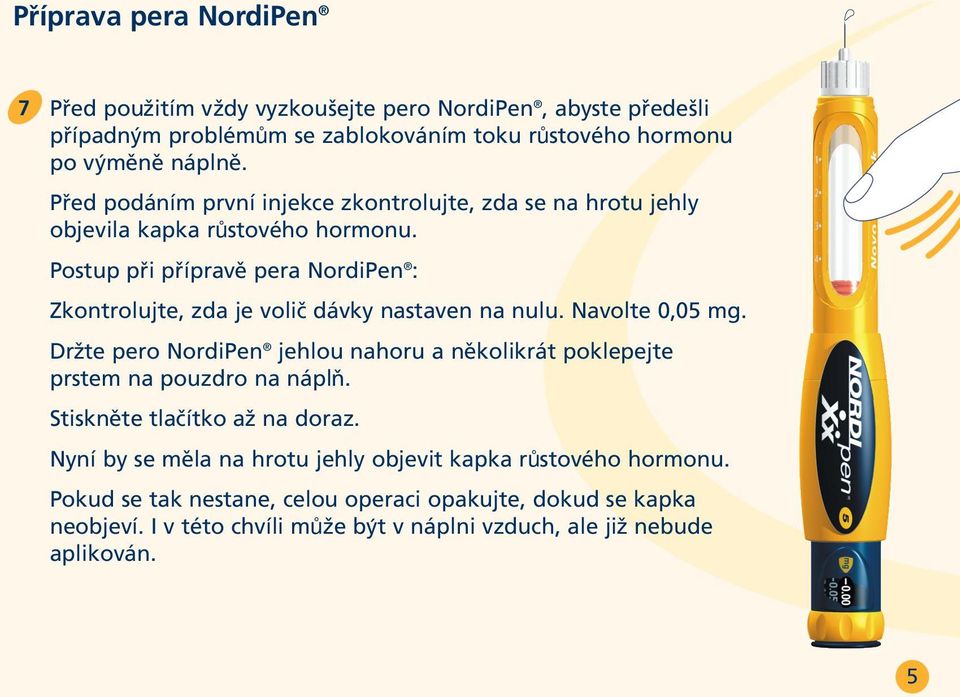 Postup při přípravě pera NordiPen : Zkontrolujte, zda je volič dávky nastaven na nulu. Navolte 0,05 mg.