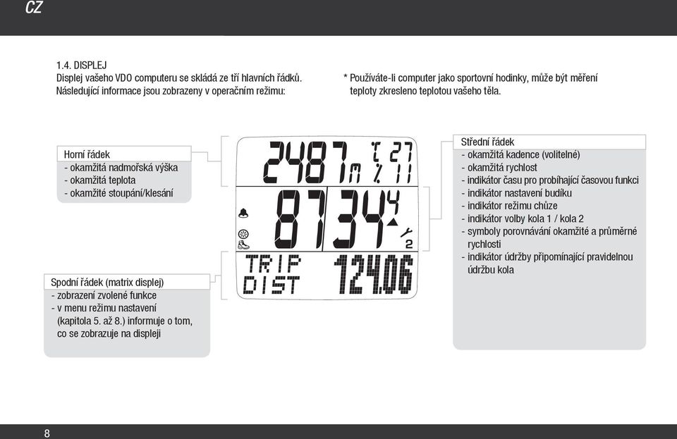 Horní řádek - okamžitá nadmořská výška - okamžitá teplota - okamžité stoupání/klesání Spodní řádek (matrix displej) - zobrazení zvolené funkce - v menu režimu nastavení (kapitola 5. až 8.