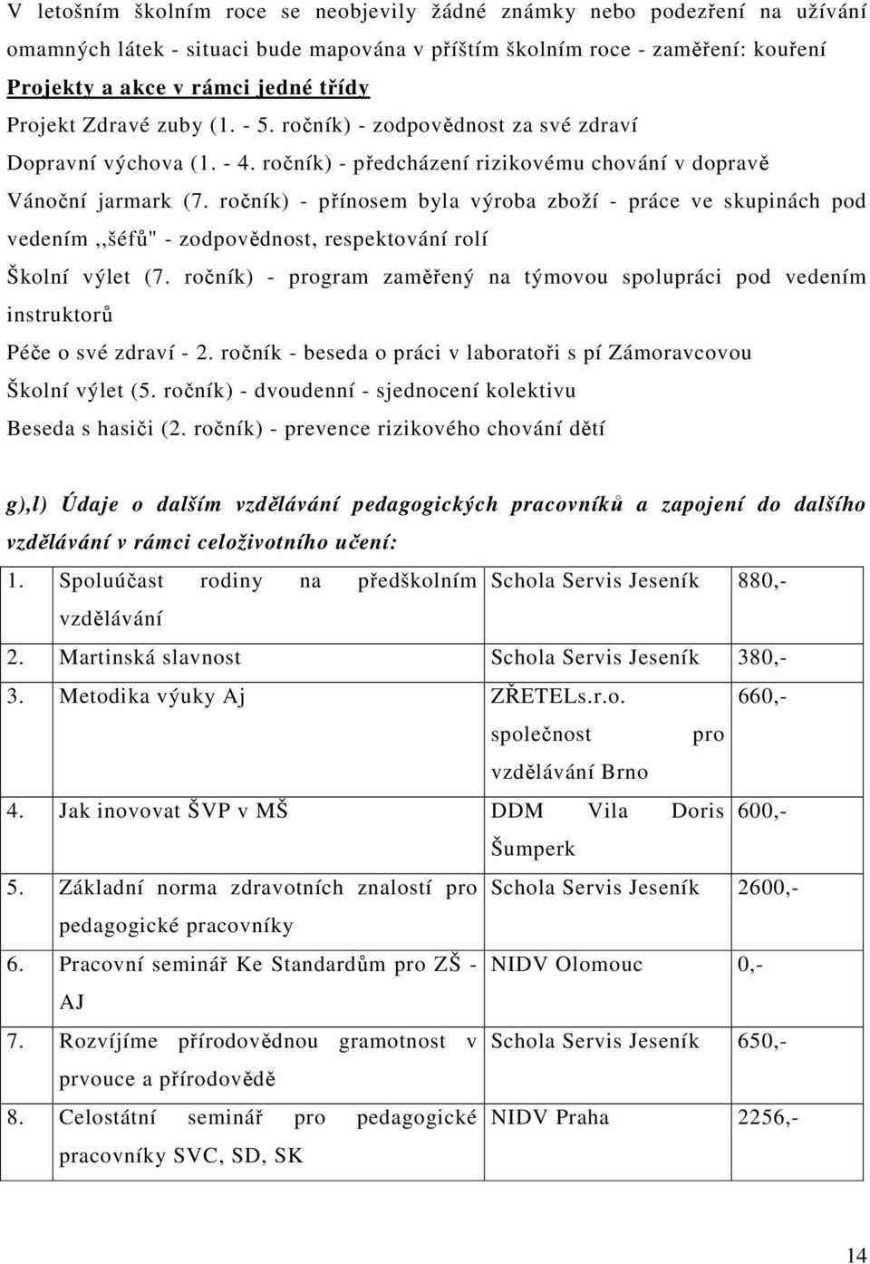 ročník) - přínosem byla výroba zboží - práce ve skupinách pod vedením,,šéfů" - zodpovědnost, respektování rolí Školní výlet (7.