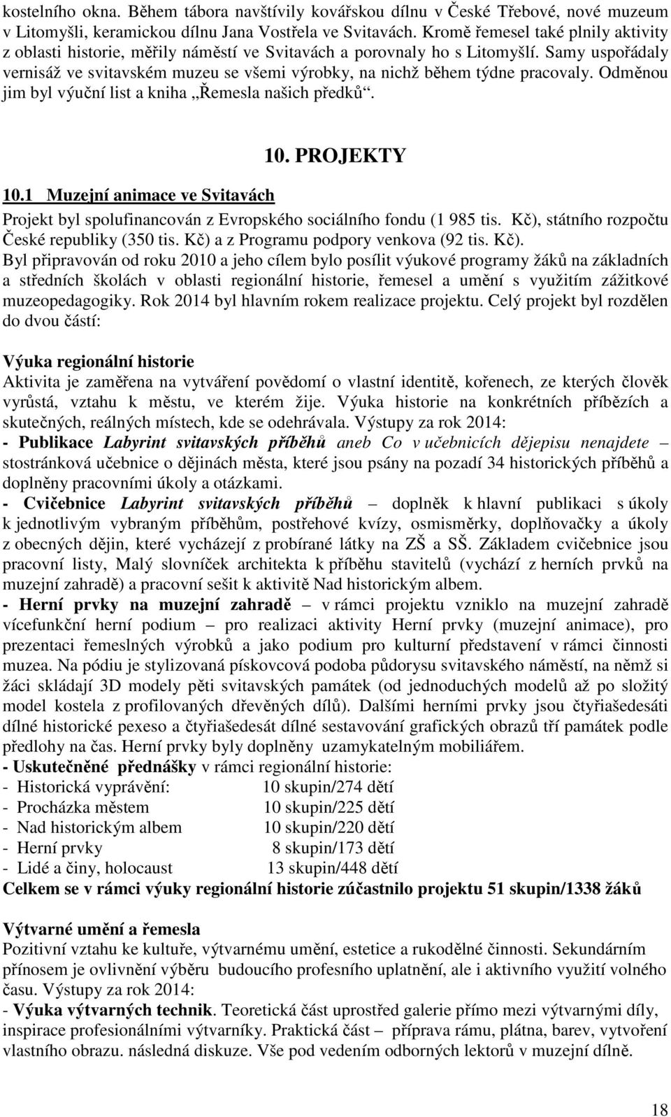 Samy uspořádaly vernisáž ve svitavském muzeu se všemi výrobky, na nichž během týdne pracovaly. Odměnou jim byl výuční list a kniha Řemesla našich předků. 10. PROJEKTY 10.