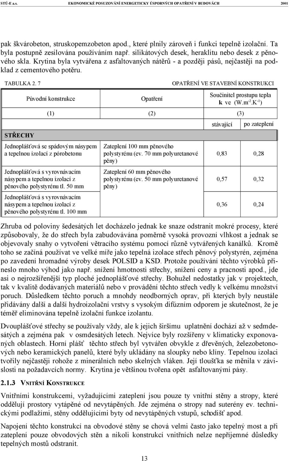 7 OPATŘENÍ VE STAVEBNÍ KONSTRUKCI STŘECHY Původní konstrukce (1) Jednoplášťová se spádovým násypem a tepelnou izolací z pórobetonu Jednoplášťová s vyrovnávacím násypem a tepelnou izolací z pěnového