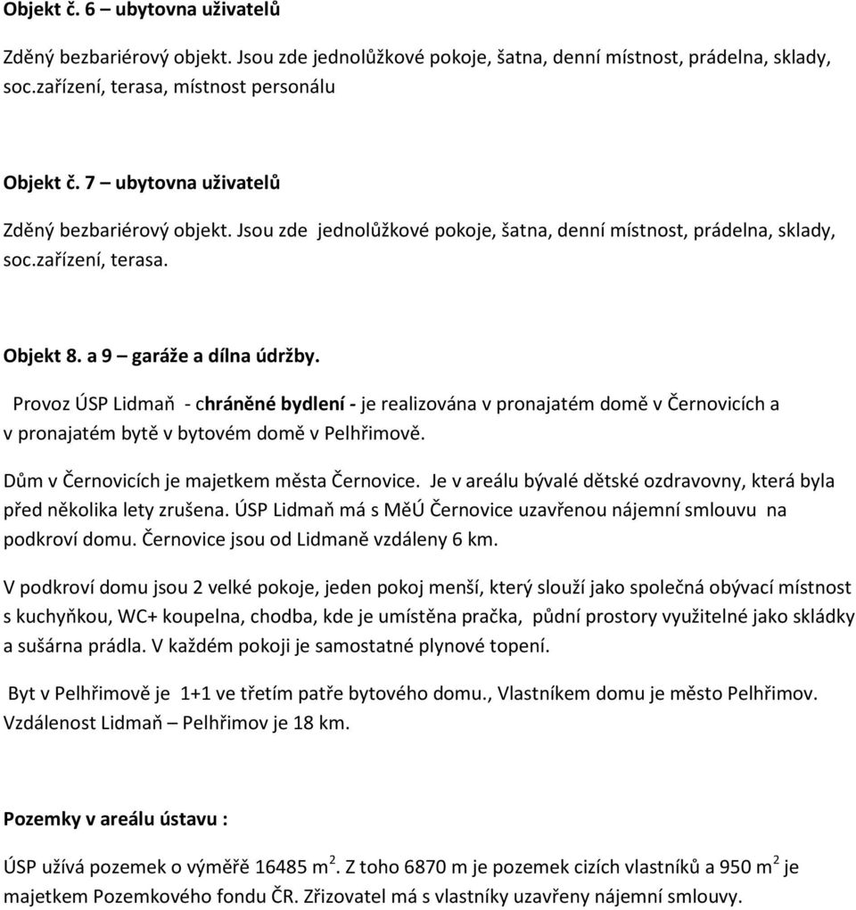 Provoz ÚSP Lidmaň - chráněné bydlení - je realizována v pronajatém domě v Černovicích a v pronajatém bytě v bytovém domě v Pelhřimově. Dům v Černovicích je majetkem města Černovice.