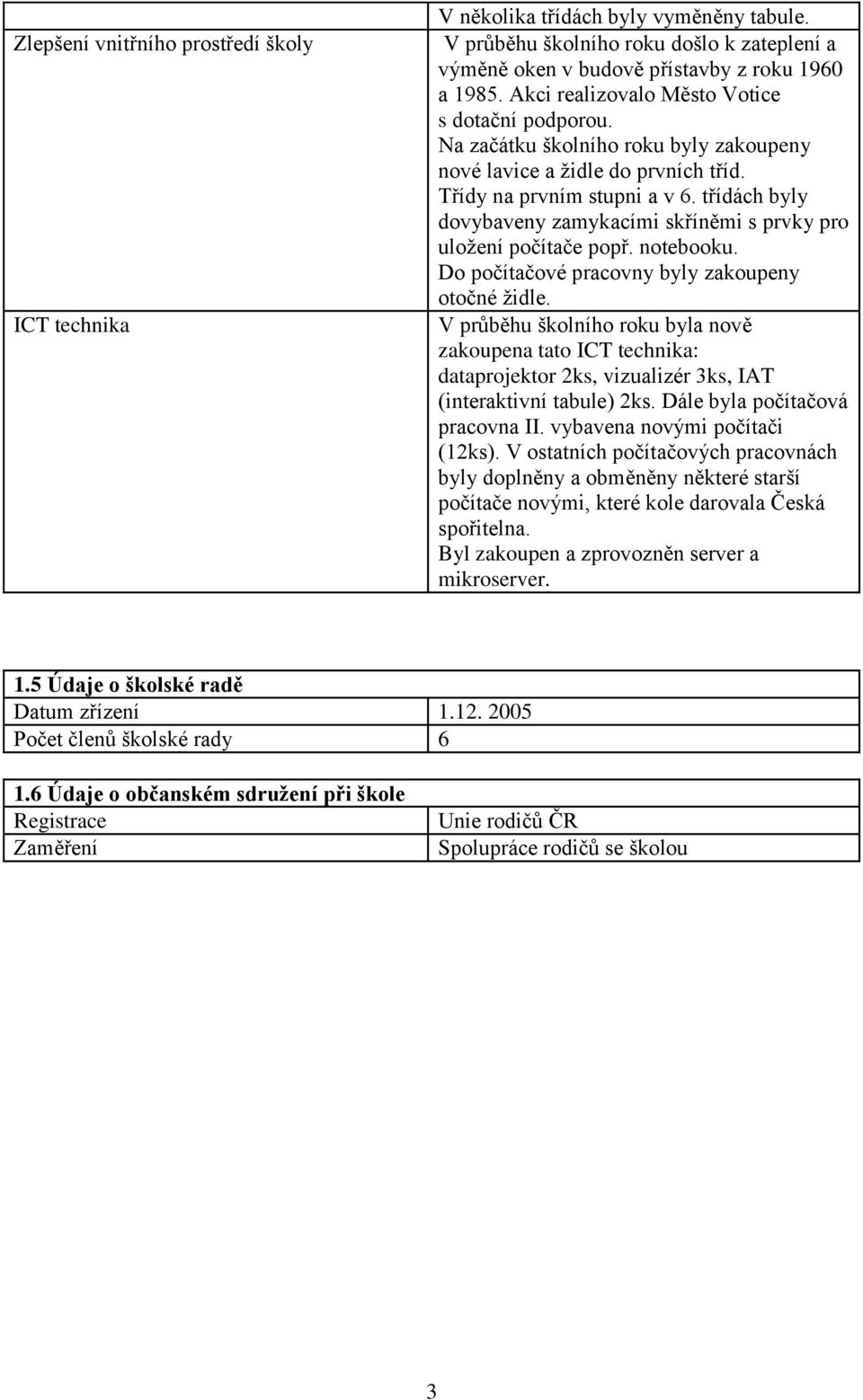 třídách byly dovybaveny zamykacími skříněmi s prvky pro uložení počítače popř. notebooku. Do počítačové pracovny byly zakoupeny otočné židle.