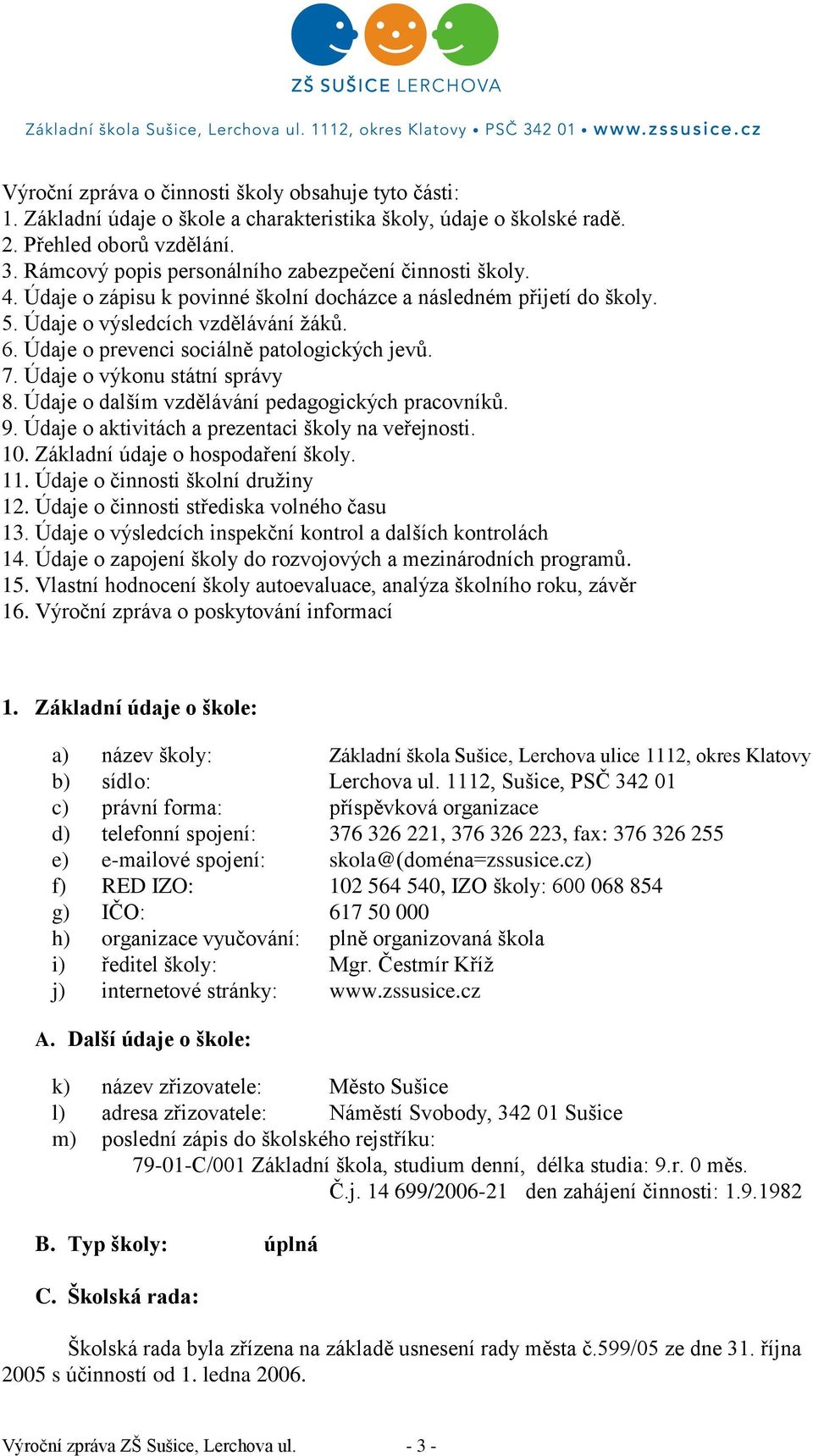 Údaje o prevenci sociálně patologických jevů. 7. Údaje o výkonu státní správy 8. Údaje o dalším vzdělávání pedagogických pracovníků. 9. Údaje o aktivitách a prezentaci školy na veřejnosti. 10.