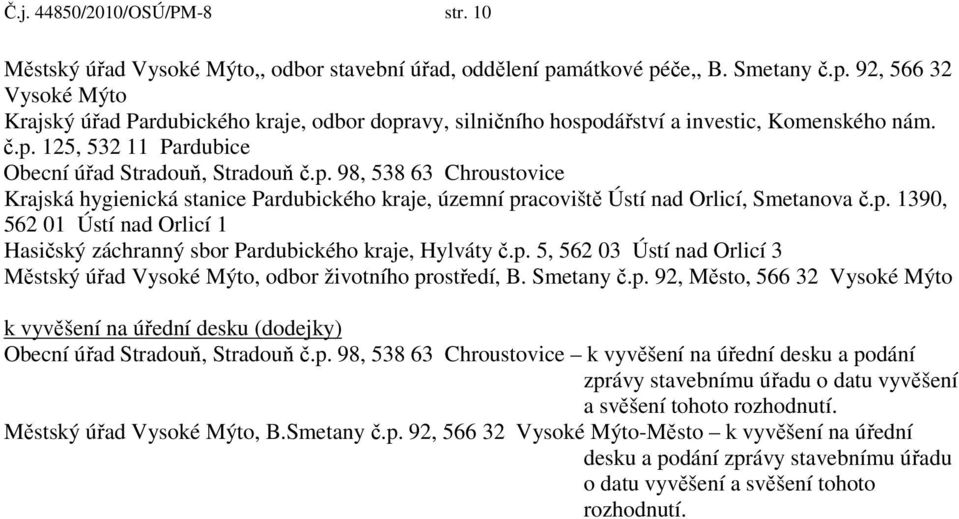 p. 98, 538 63 Chroustovice Krajská hygienická stanice Pardubického kraje, územní pracoviště Ústí nad Orlicí, Smetanova č.p. 1390, 562 01 Ústí nad Orlicí 1 Hasičský záchranný sbor Pardubického kraje, Hylváty č.