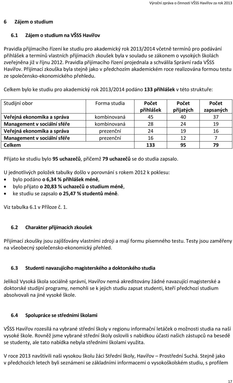 zákonem o vysokých školách zveřejněna již v říjnu 2012. Pravidla přijímacího řízení projednala a schválila Správní rada VŠSS Havířov.