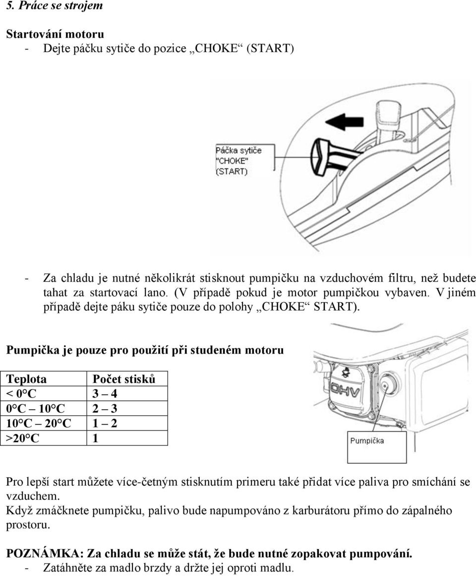 Pumpička je pouze pro pouţití při studeném motoru Teplota Počet stisků < 0 C 3 4 0 C 10 C 2 3 10 C 20 C 1 2 >20 C 1 Pro lepší start můţete více-četným stisknutím primeru také přidat