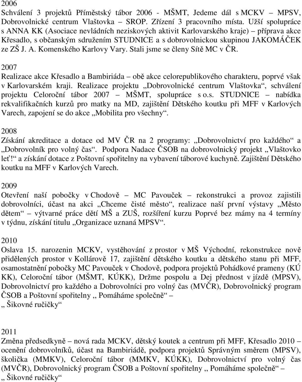 Stali jsme se členy Sítě MC v ČR. 2007 Realizace akce Křesadlo a Bambiriáda obě akce celorepublikového charakteru, poprvé však v Karlovarském kraji.