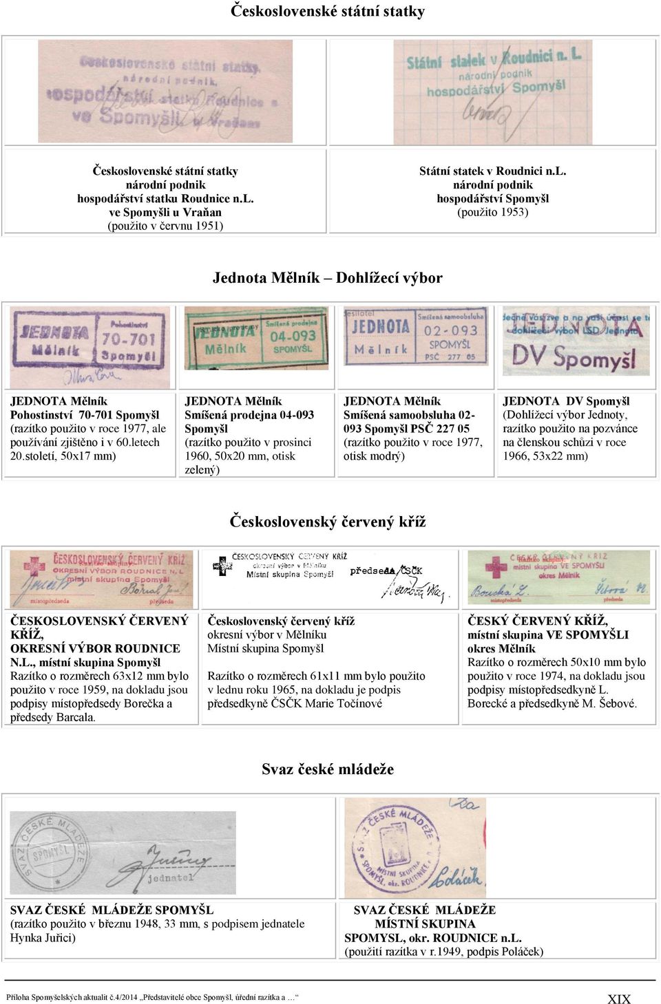 století, 50x17 mm) JEDNOTA Mělník Smíšená prodejna 04-093 Spomyšl (razítko použito v prosinci 1960, 50x20 mm, otisk zelený) JEDNOTA Mělník Smíšená samoobsluha 02-093 Spomyšl PSČ 227 05 (razítko