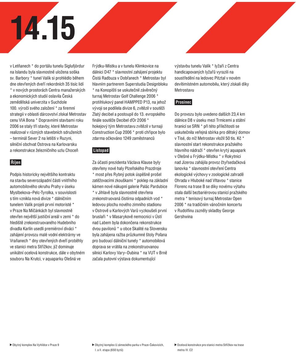 100. výročí svého založení * za firemní strategii v oblasti dárcovství získal Metrostav cenu VIA Bona * Dopravními stavbami roku 2006 se staly tři stavby, které Metrostav realizoval v různých