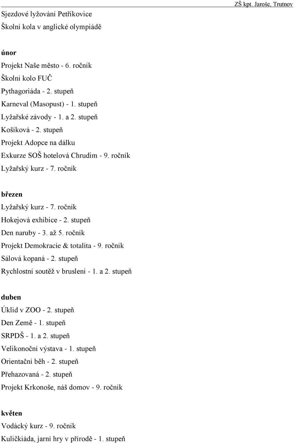 ročník Hokejová exhibice - 2. stupeň Den naruby - 3. až 5. ročník Projekt Demokracie & totalita - 9. ročník Sálová kopaná - 2. stupeň Rychlostní soutěž v bruslení - 1. a 2.