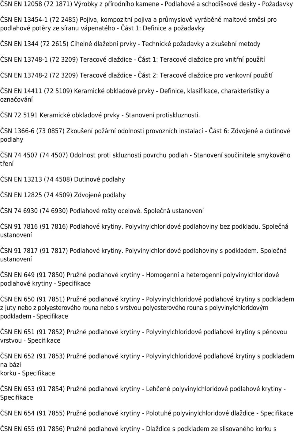 Teracové dlaždice pro vnitřní použití ČSN EN 13748-2 (72 3209) Teracové dlaždice - Část 2: Teracové dlaždice pro venkovní použití ČSN EN 14411 (72 5109) Keramické obkladové prvky - Definice,