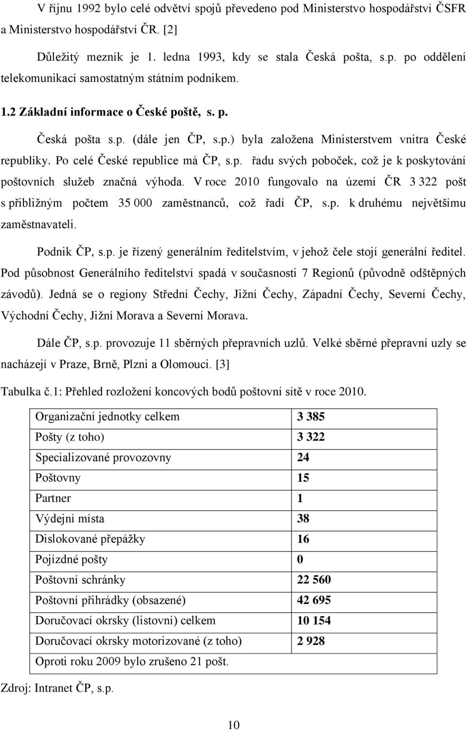 V roce 2010 fungovalo na území ČR 3 322 pošt s přibližným počtem 35 000 zaměstnanců, což řadí ČP, s.p. k druhému největšímu zaměstnavateli. Podnik ČP, s.p. je řízený generálním ředitelstvím, v jehož čele stojí generální ředitel.