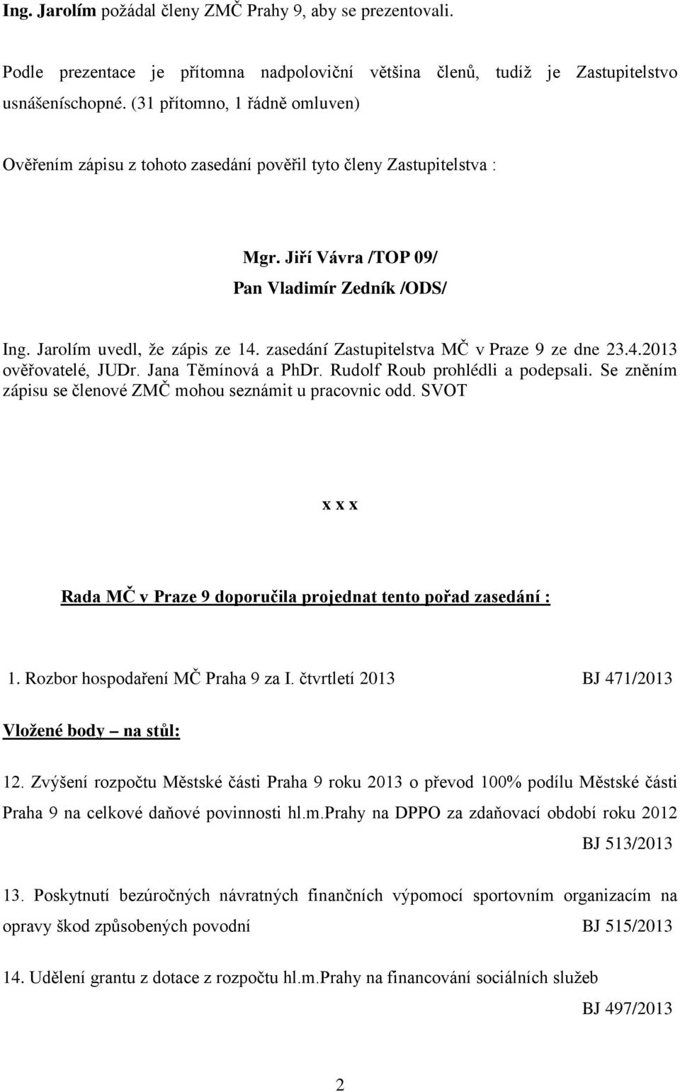 zasedání Zastupitelstva MČ v Praze 9 ze dne 23.4.2013 ověřovatelé, JUDr. Jana Těmínová a PhDr. Rudolf Roub prohlédli a podepsali. Se zněním zápisu se členové ZMČ mohou seznámit u pracovnic odd.