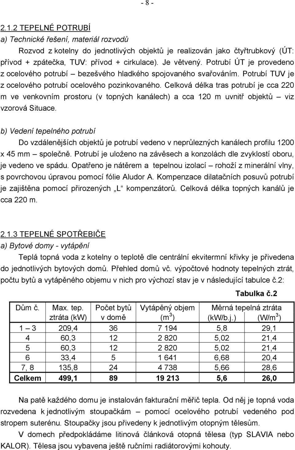 Celková délka tras potrubí je cca 220 m ve venkovním prostoru (v topných kanálech) a cca 120 m uvnitř objektů viz vzorová Situace.