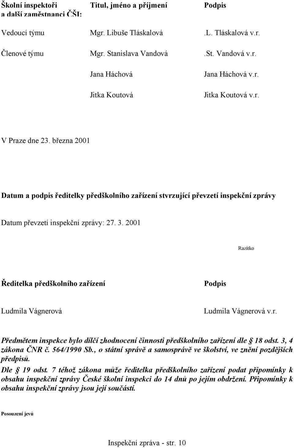 2001 Razítko Ředitelka předškolního zařízení Podpis Ludmila Vágnerová Ludmila Vágnerová v.r. Předmětem inspekce bylo dílčí zhodnocení činnosti předškolního zařízení dle 18 odst. 3, 4 zákona ČNR č.