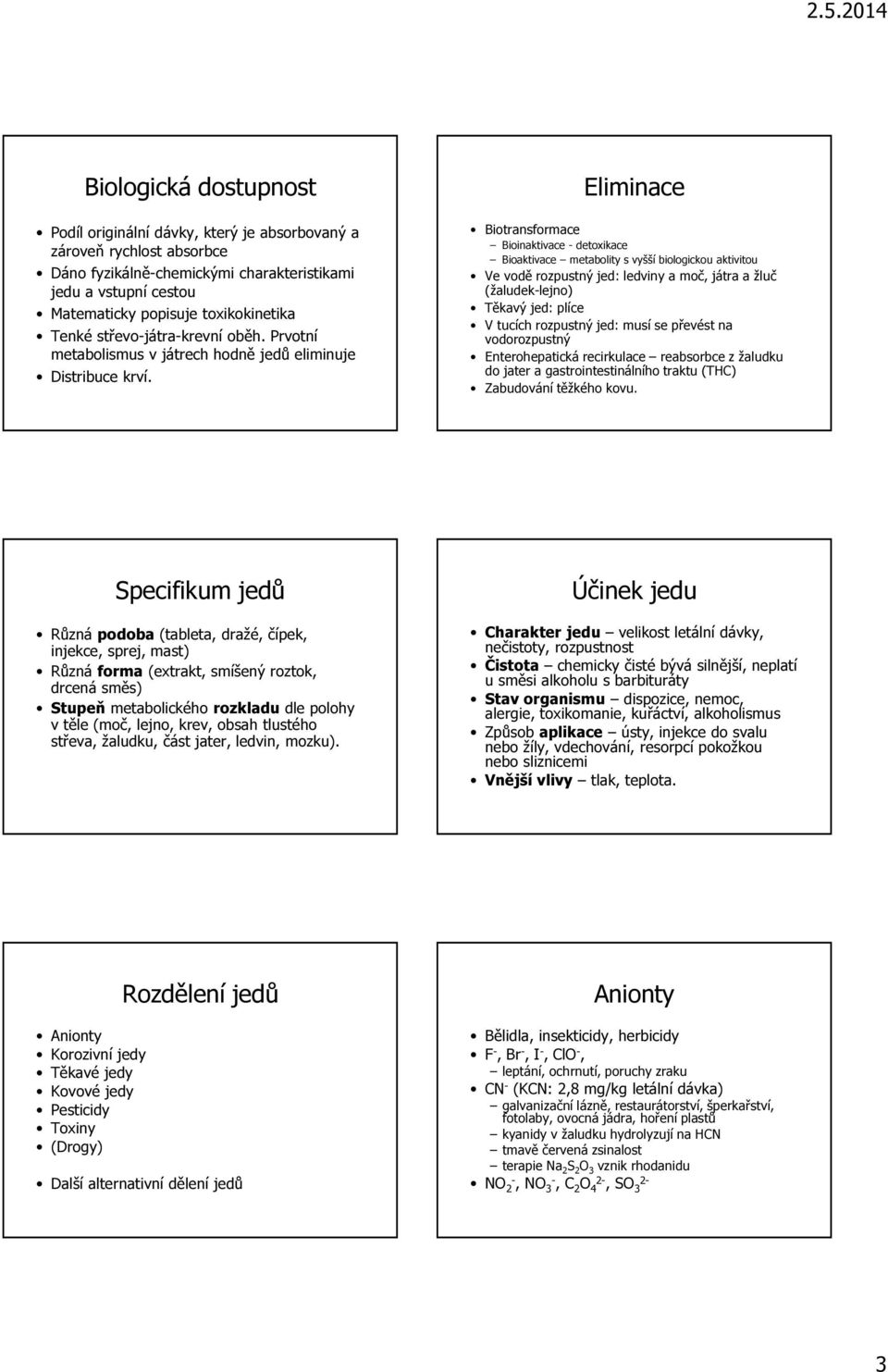 Eliminace Biotransformace Bioinaktivace - detoxikace Bioaktivace metabolity s vyšší biologickou aktivitou Ve vodě rozpustný jed: ledviny a moč, játra a žluč (žaludek-lejno) Těkavý jed: plíce V tucích