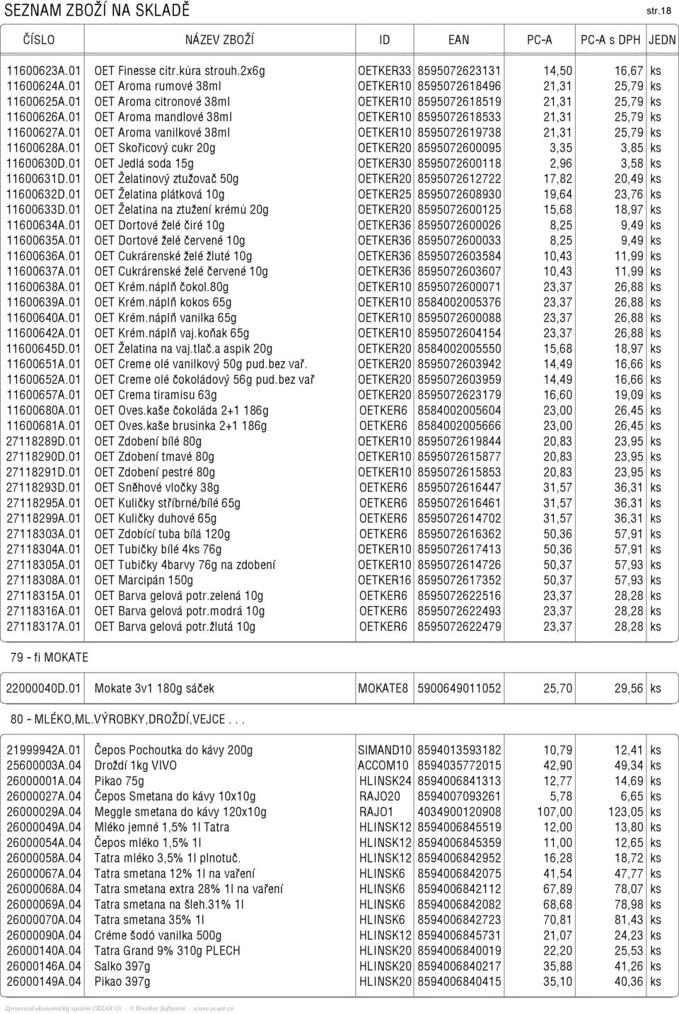 01 OET Aroma vanilkové 38ml OETKER10 8595072619738 21,31 25,79 ks 11600628A.01 OET Skořicový cukr 20g OETKER20 8595072600095 3,35 3,85 ks 11600630D.