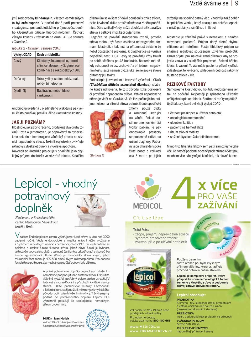 Tabulka 2 Ovlivnění četnosti CDAD Výskyt CDAD Druh antibiotika Častý Klindamycin, ampicilin, amoxicilin, cefalosporiny 3.