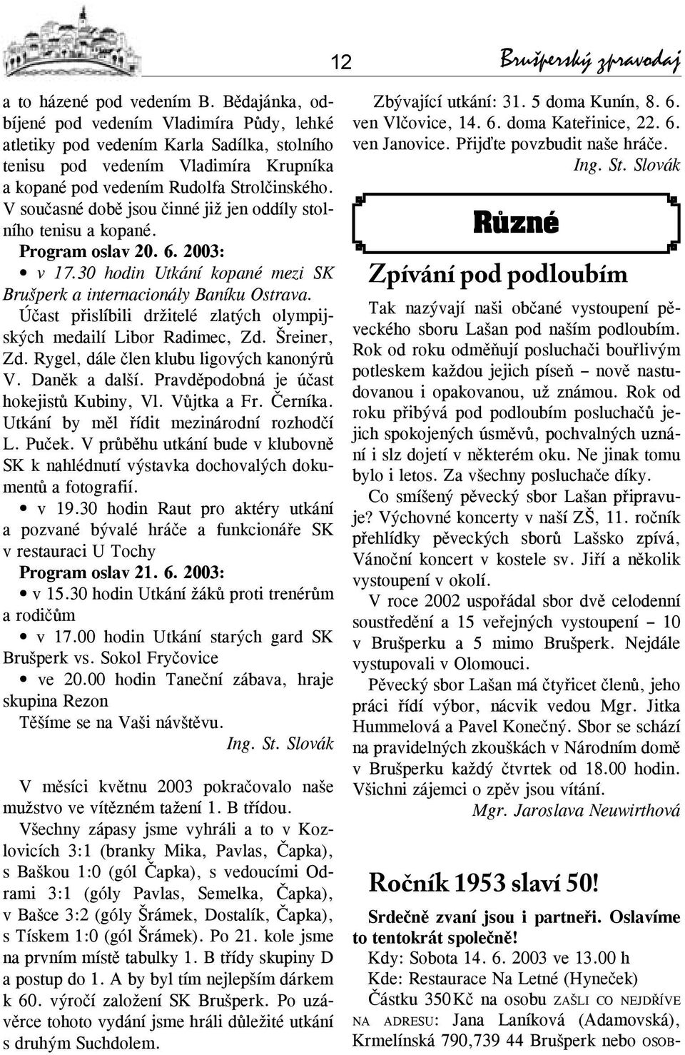 V současné době jsou činné již jen oddíly stolního tenisu a kopané. Program oslav 20. 6. 2003: v 17.30 hodin Utkání kopané mezi SK Brušperk a internacionály Baníku Ostrava.