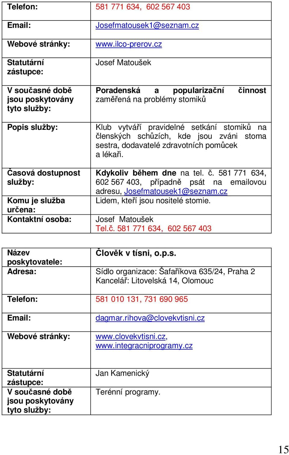 pomůcek a lékaři. Kdykoliv během dne na tel. č. 581 771 634, 602 567 403, případně psát na emailovou adresu, Josefmatousek1@seznam.cz Lidem, kteří jsou nositelé stomie. Josef Matoušek Tel.č. 581 771 634, 602 567 403 Název Člověk v tísni, o.