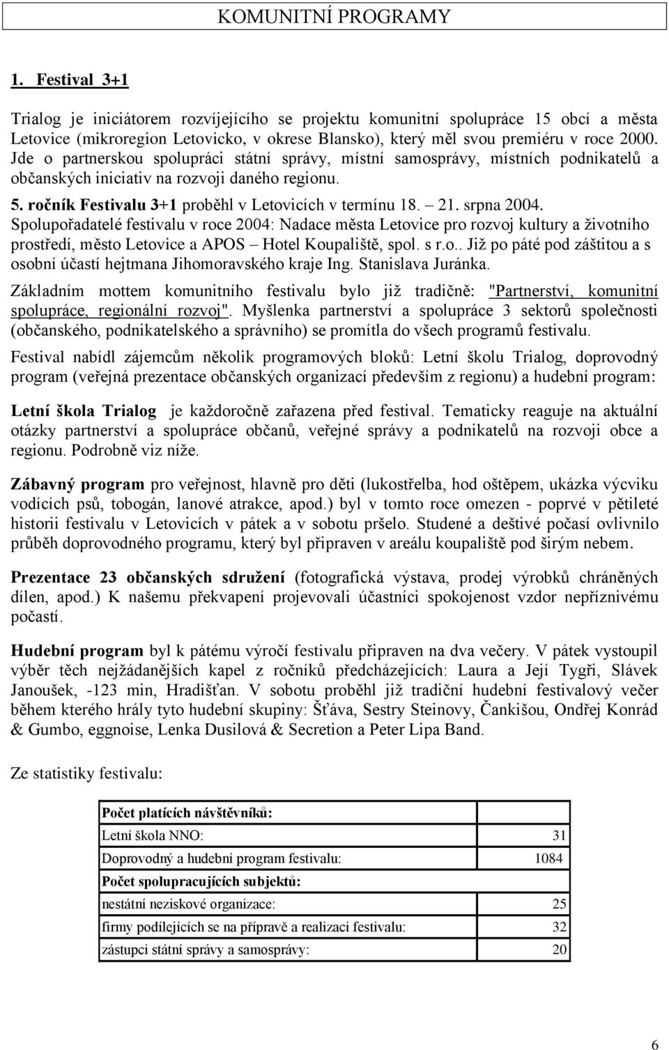 Jde o partnerskou spolupráci státní správy, místní samosprávy, místních podnikatelů a občanských iniciativ na rozvoji daného regionu. 5. ročník Festivalu 3+1 proběhl v Letovicích v termínu 18. 21.