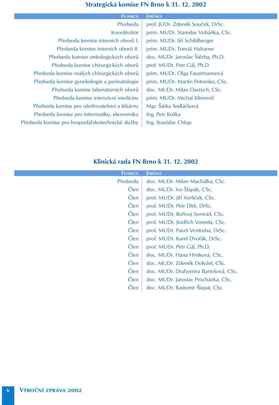 Předseda komise intenzivní medicíny Předseda komise pro ošetřovatelství a lékárnu Předseda komise pro informatiku, ekonomiku Předseda komise pro hospodářskotechnické služby Jméno prof. JUDr.
