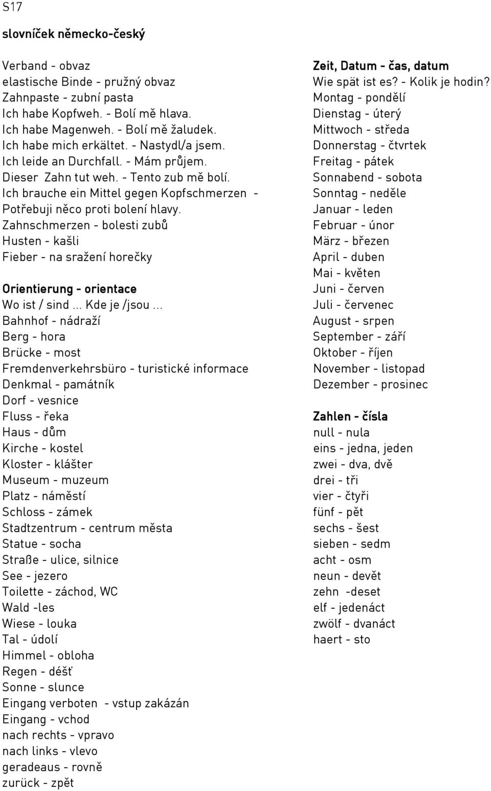 Zahnschmerzen - bolesti zubů Husten - kašli Fieber - na sražení horečky Orientierung - orientace Wo ist / sind... Kde je /jsou.