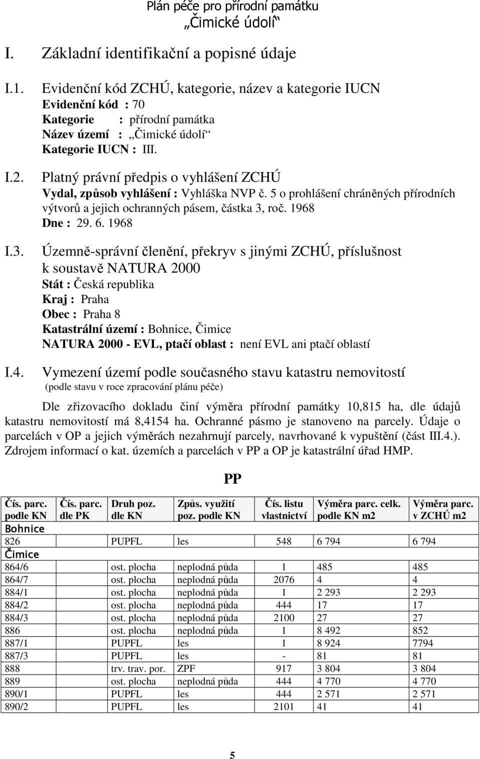 Platný právní předpis o vyhlášení ZCHÚ Vydal, způsob vyhlášení : Vyhláška NVP č. 5 o prohlášení chráněných přírodních výtvorů a jejich ochranných pásem, částka 3, roč. 1968 Dne : 29. 6.