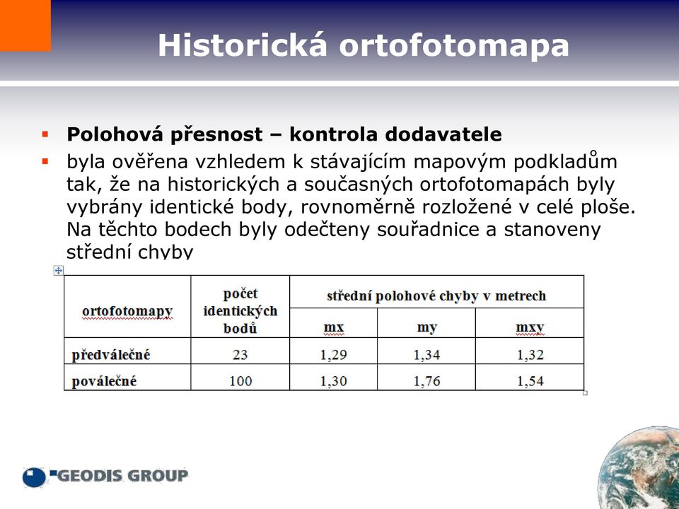 ortofotomapách byly vybrány identické body, rovnoměrně rozložené v