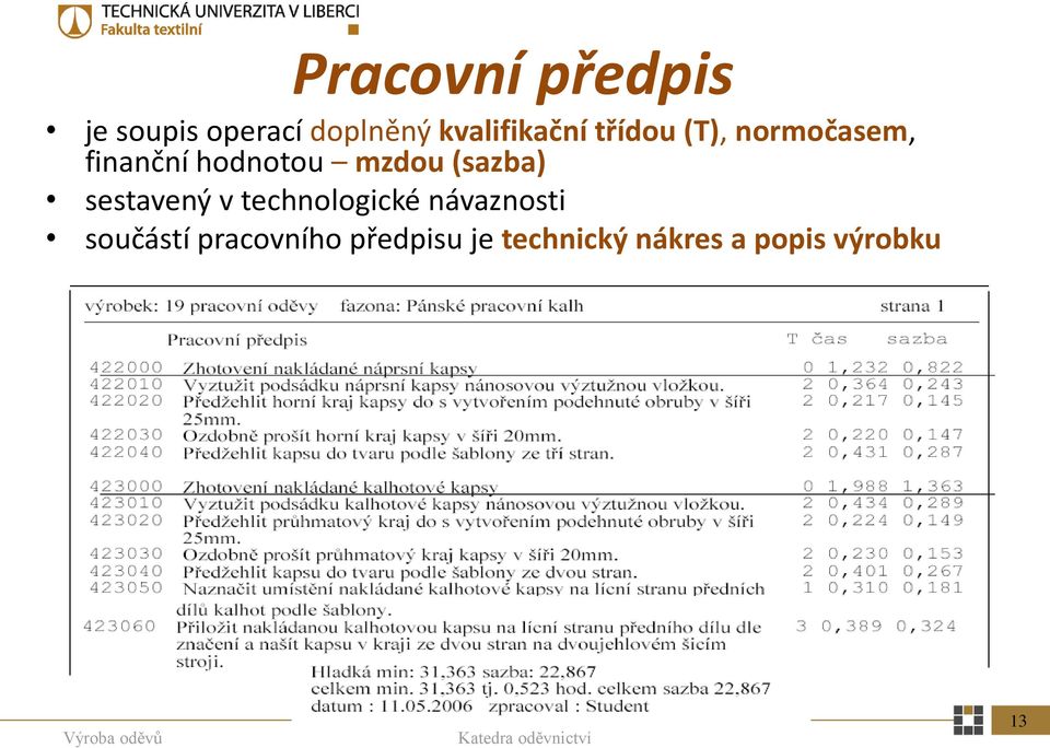 mzdou (sazba) sestavený v technologické návaznosti