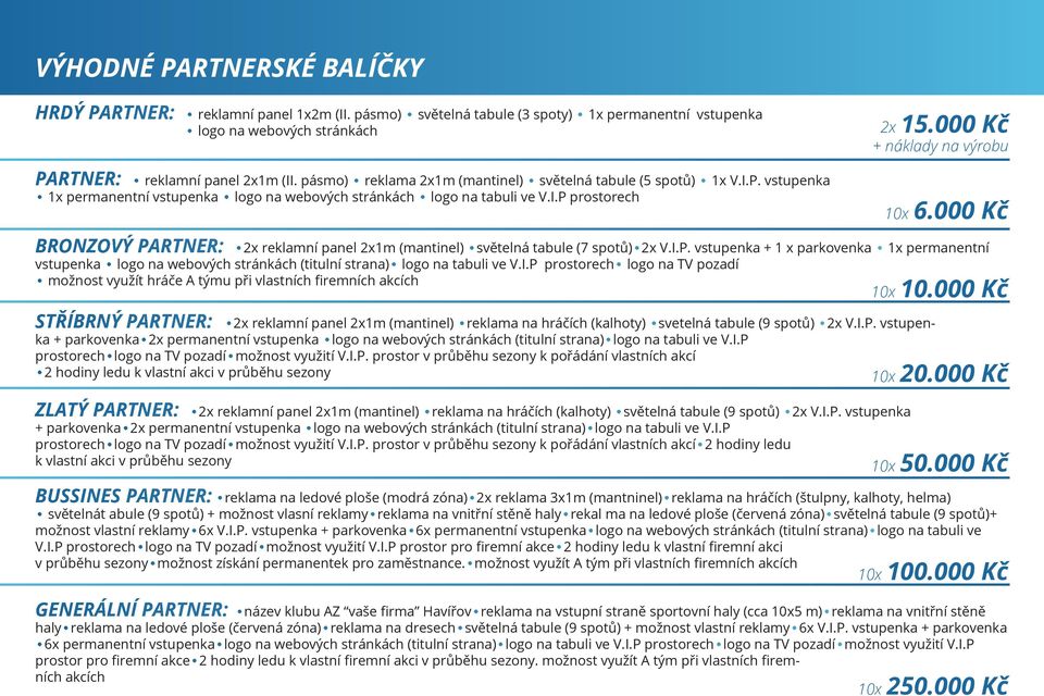 000 kč + náklady na výrobu 10x 6.000 kč bronzový PARTneR: 2x reklamní panel 2x1m (mantinel) světelná tabule (7 spotů) 2x v.i.p. vstupenka + 1 x parkovenka 1x permanentní vstupenka logo na webových stránkách (titulní strana) logo na tabuli ve v.